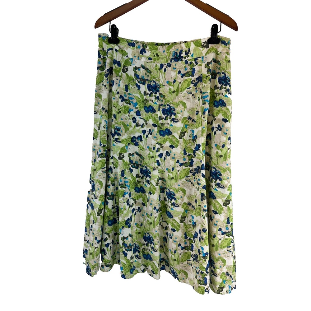 Christopher Banks Midi Skirt Green Floral Linen Blend ALine Cottagecore Women 14